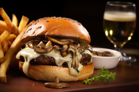 gourmet mushroom and swiss cheese burger, created with generative aiの素材