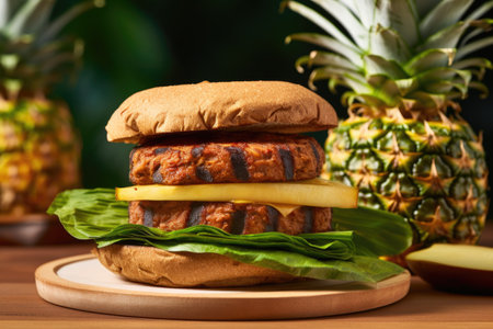 burger made with plant-based meat substitute, vegan cheese and grilled pineapple, created with generative aiの素材