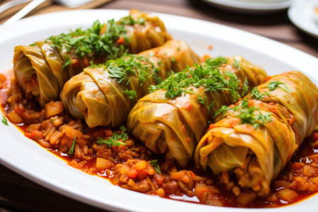 vegetarian cabbage rolls with lentil and mushroom filling, created with generative aiの素材