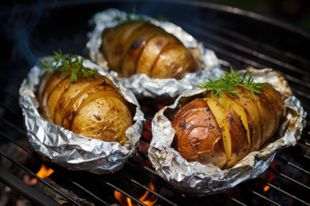 baked potatoes wrapped in aluminium foil near an open fire, created with generative aiの素材
