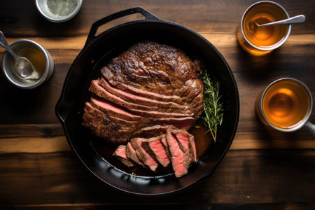 overhead view of a medium-rare steak on an iron skillet, with juices flowing, created with generative aiの素材