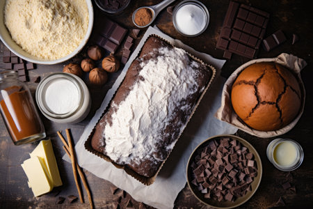 a flatlay of a chocolate pound cake surrounded by ingredients, created with generative aiの素材
