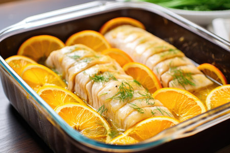 side view of fish fillets marinating with thinly sliced oranges, created with generative aiの素材