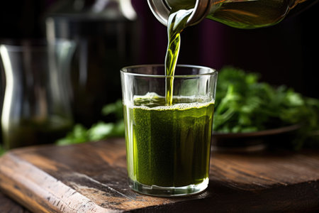 a closeup of cold press juice pouring into a glass, created with generative aiの素材