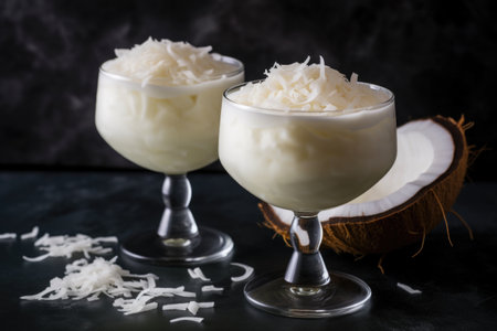 milky white coconut daiquiri with shredded coconut topping, created with generative aiの素材
