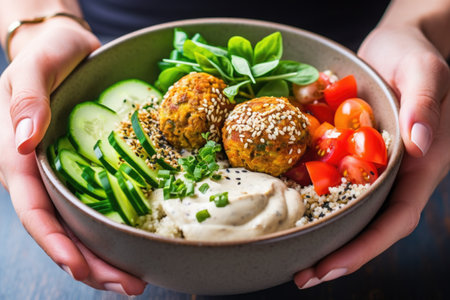 hand garnishing falafel bowl with sesame seeds, created with generative aiの素材