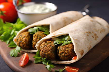 freshly cooked falafel wrapped in pita bread, created with generative aiの素材