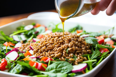 hand drizzling vinaigrette over colorful farro salad, created with generative aiの素材