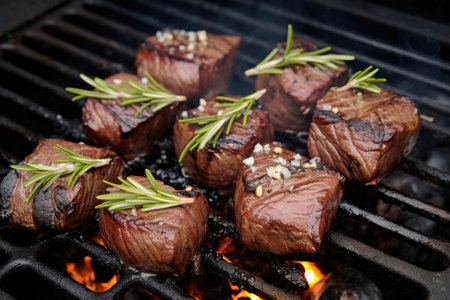 steak tips grilling with garlic and rosemary sprigs, created with generative aiの素材