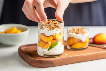 hand stirring diced peaches into a greek yogurt parfait, created with generative aiの素材