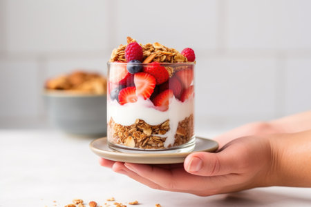 hand holding a small clear bowl with a freshly-made greek yogurt parfait, created with generative aiの素材