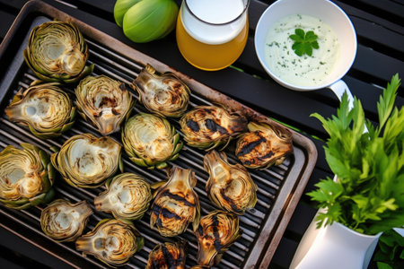 aerial shot of grilled artichokes and garlic dip on a tray, created with generative aiの素材