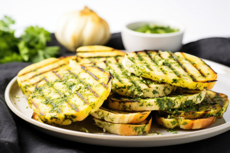 grilled bread slices served on a plate, basted with garlic herb butter, created with generative aiの素材