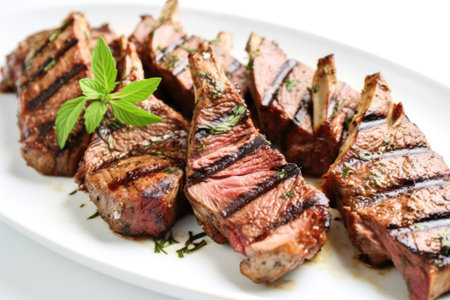 grilled lamb chops arranged diagonally on a white plate, created with generative aiの素材
