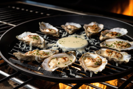 close-up of oyster meat grilling on a stove-top pan with garlic sauce, created with generative aiの素材