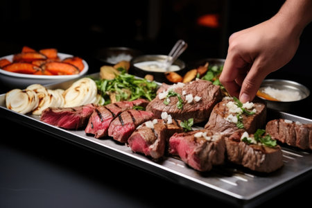 hands placing grilled sirloin steaks on a platter for serving, created with generative aiの素材