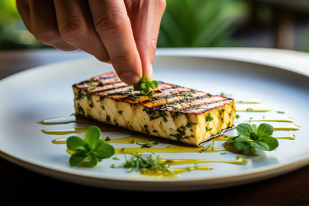 hand garnishing grilled tofu steak with herbs on a plate, created with generative aiの素材