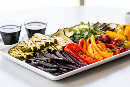 grilled vegetable platter served on a modern white dish, created with generative aiの素材