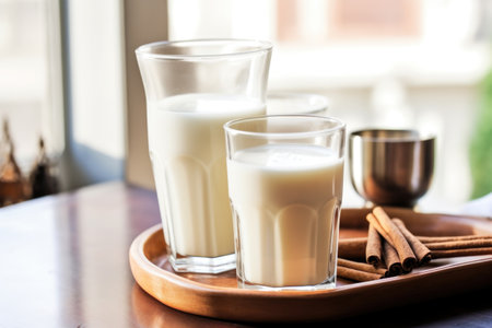 chilled horchata in a glass jug on a sunny kitchen table, created with generative aiの素材