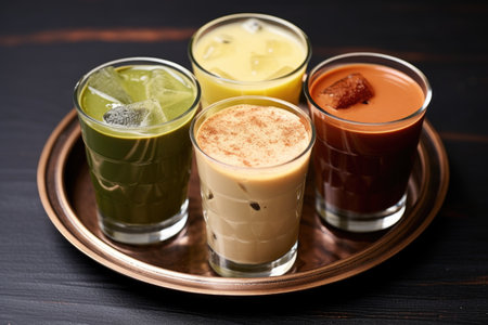 different shades of iced matcha tea on a metal tray, created with generative aiの素材