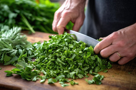 hand chopping herbs for greek-style lamb barbecue marinade, created with generative aiの素材