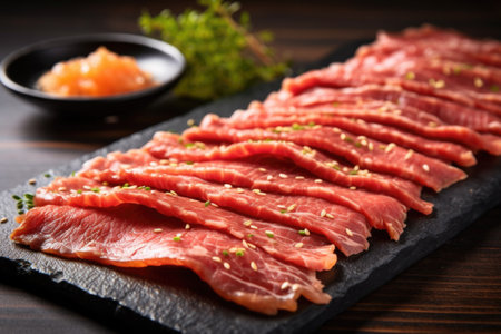 slices of raw beef seasoned with bulgogi sauce, created with generative aiの素材