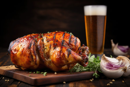 juicy grilled chicken drumstick next to a beer can, created with generative aiの素材