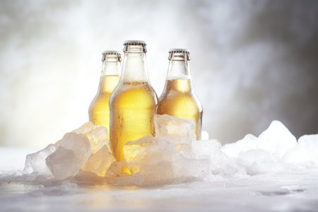 several bottles of light lager chilling in crushed ice, created with generative aiの素材