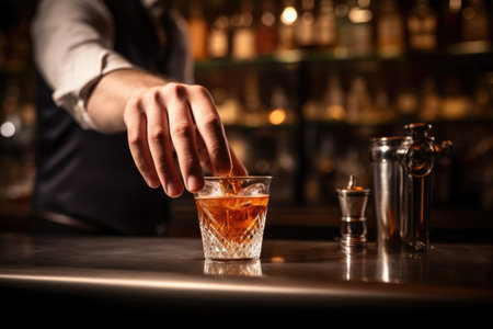 image of a hand setting a manhattan cocktail on a bar counter, created with generative aiの素材