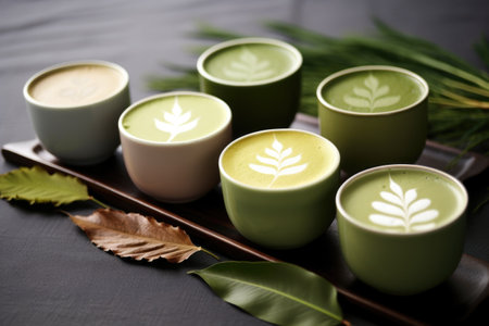 matcha latte with a leaf-shaped latte art on foam, created with generative aiの素材