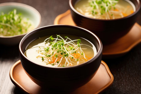overhead photo of miso soup with soybean sprouts garnish, created with generative aiの素材