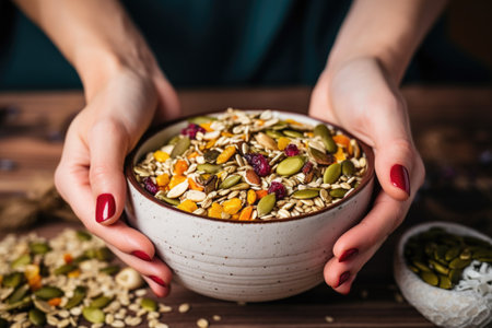 hand sprinkles seeds over bowl of muesli, created with generative aiの素材