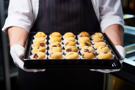 transporting muffins in a bakery with a hand tray, created with generative aiの素材