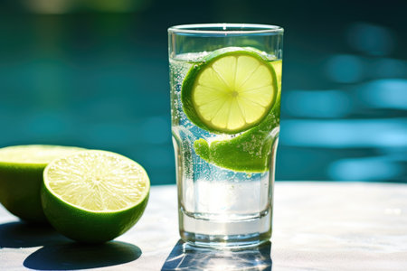 a glass filled with sparkling water and a lime wedge, created with generative aiの素材