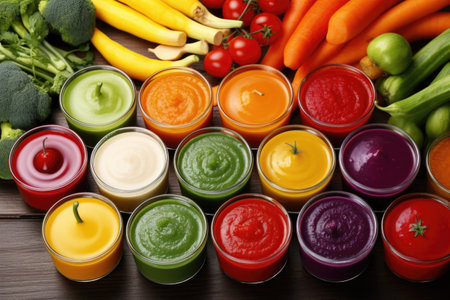 array of different colored vegetable and fruit purees, created with generative aiの素材
