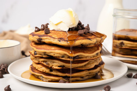stack of chocolate chip pancakes with melting butter, created with generative aiの素材