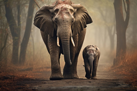mother elephant guiding her calf with her trunk, created with generative aiの素材