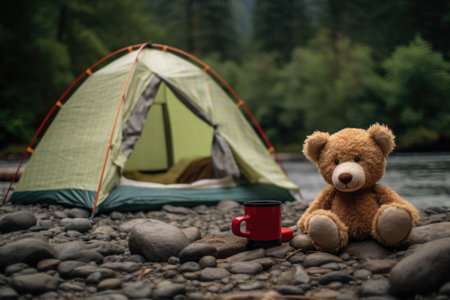 first camping trip with small tent and stuffed animal, created with generative aiの素材