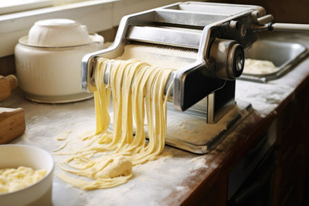 pasta maker machine with a batch of fresh tagliatelle noodles, created with generative aiの素材