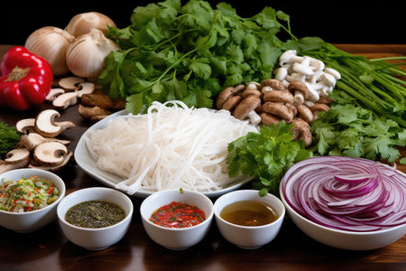 pho with various ingredients like mushrooms, herbs, onions, created with generative aiの素材