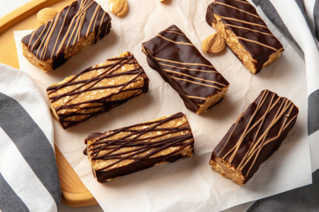 peanut topped protein bars arranged diagonally on a striped cloth, created with generative aiの素材
