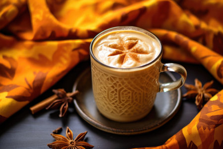pumpkin spice latte in a mug with a star pattern, created with generative aiの素材