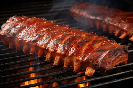 bbq ribs on a grill grate with smoke, created with generative aiの素材