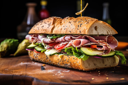 close-up of a rustic sandwich with fresh lettuce, ham, and mustard, created with generative aiの素材
