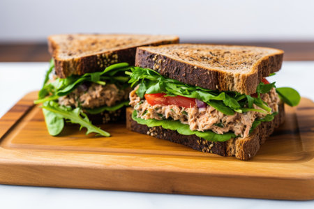 tuna sandwich on rye bread with lettuce, viewed from above, created with generative aiの素材