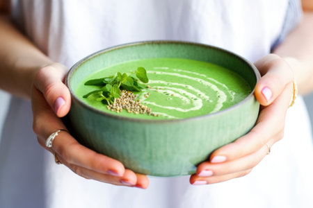 hand garnishing smoothie bowl with a sprig of mint, created with generative aiの素材