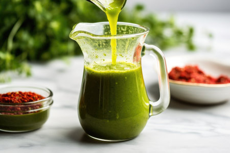 smoothie in a jug with a pourer full of green and red liquid, created with generative aiの素材