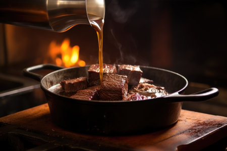 stout being poured over sizzling beef brisket, created with generative aiの素材