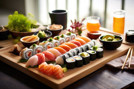 neatly arranged sushi set served with green tea, created with generative aiの素材