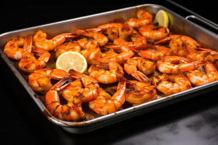 shelled grilled shrimp placed on a steel tray, created with generative aiの素材